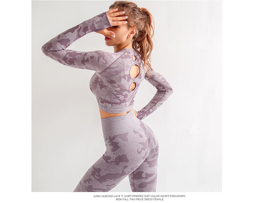 Camouflage 3-Piece Women’s Sportswear Set – Long Sleeve Sports Bra, Hip-Lifting Tight Pants & Fitness Yoga Suit