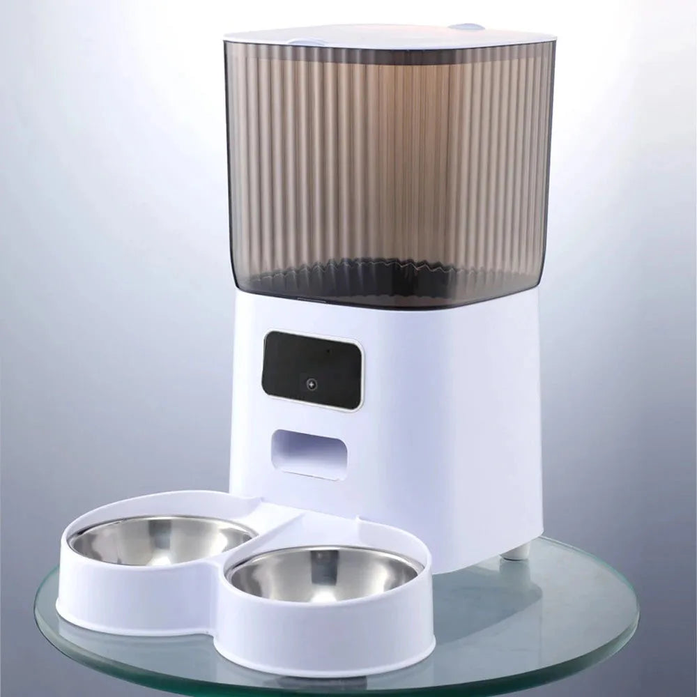 Smart automatic pet feeder with camera, 5L large capacity, and double bowls. App-controlled video feeding with voice recording—perfect for cats and dogs.