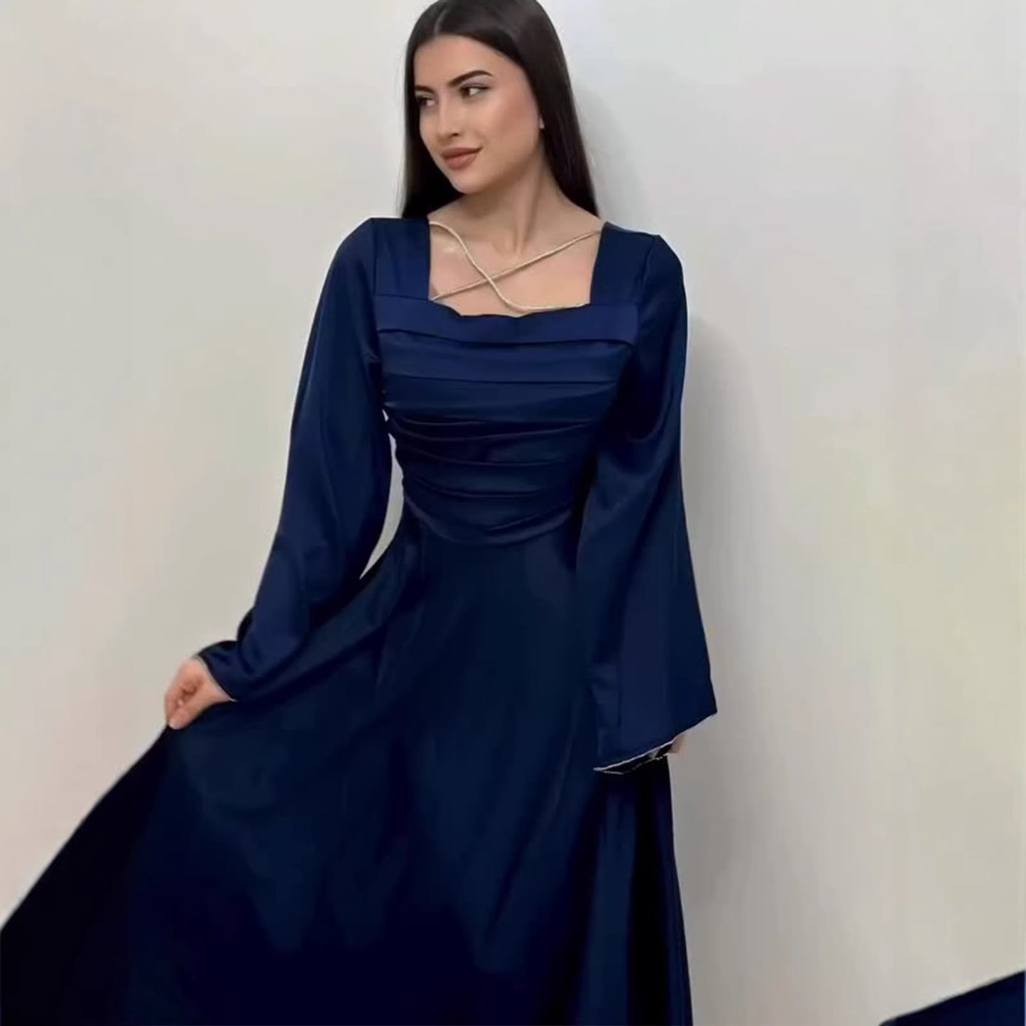 Women's Square Neck Tie Waist Fitted Long Sleeve Satin Dress – Blue, Dark Red & Coffee