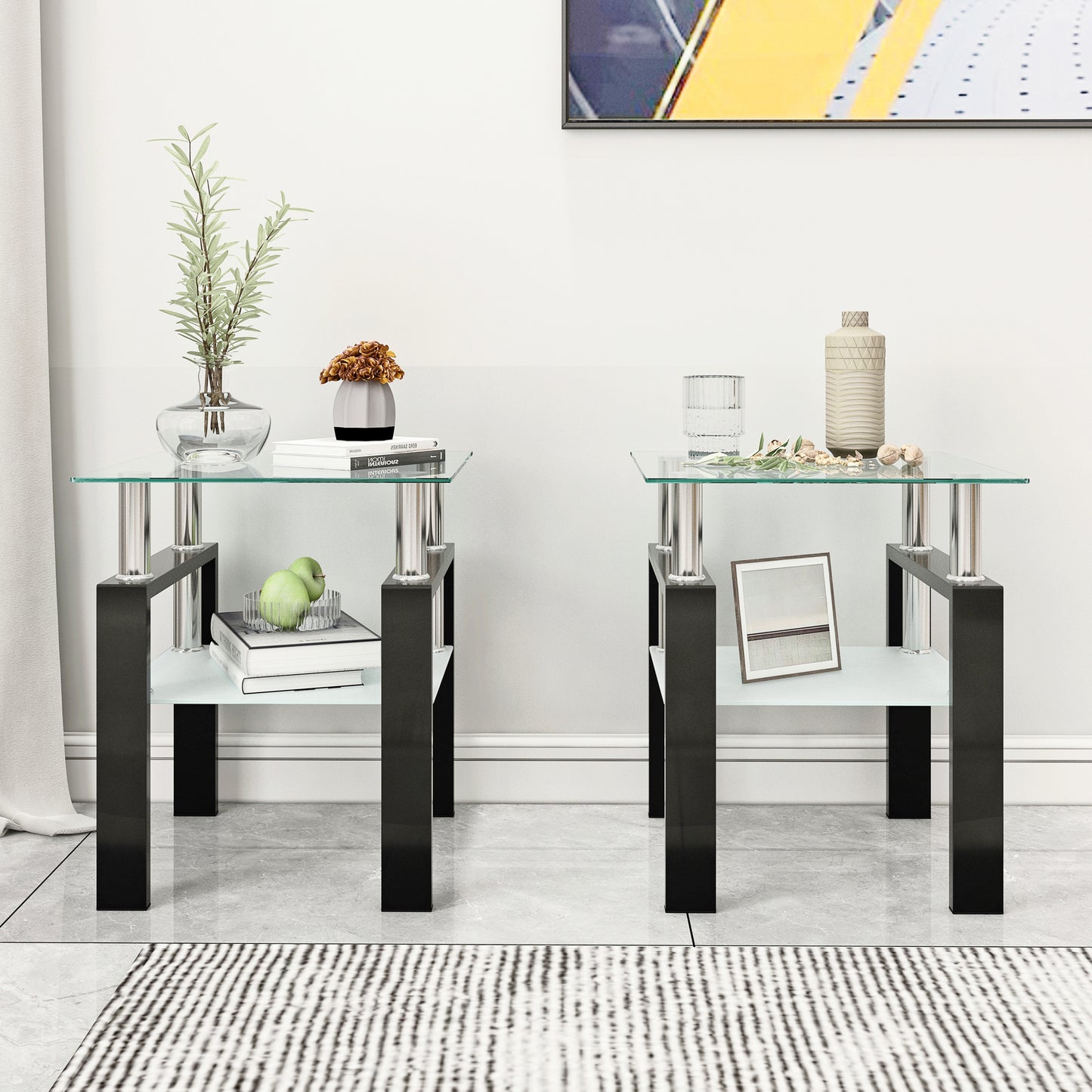 Set of 2 modern square tables made with tempered glass. Sleek, durable, and stylish—perfect as tea tables, coffee tables, or end tables for living rooms.