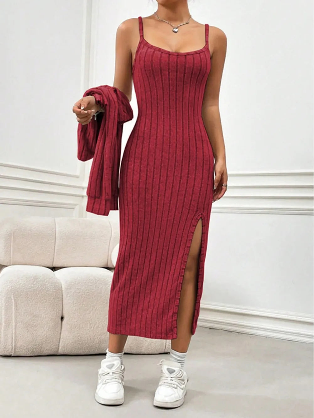 Cropped Cardigan & Slit Cami Dress Set - Long Sleeve Two-Piece Outfit