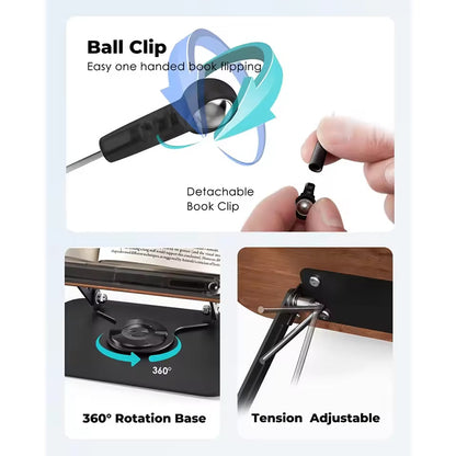 360° rotating adjustable book stand with elastic clips. Hands-free reading for cookbooks, laptops, tablets, and documents—stable, flexible, and space-saving.