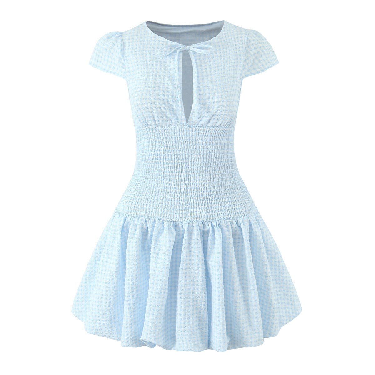 Women's Light Blue Plaid Mini Dress – 3/4 Sleeve Loose Fit Literary Retro Dress