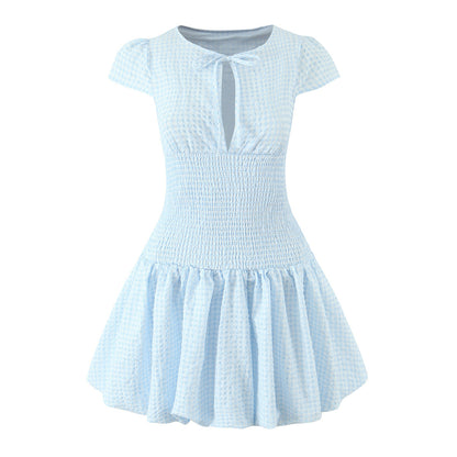 Women's Light Blue Plaid Mini Dress – 3/4 Sleeve Loose Fit Literary Retro Dress