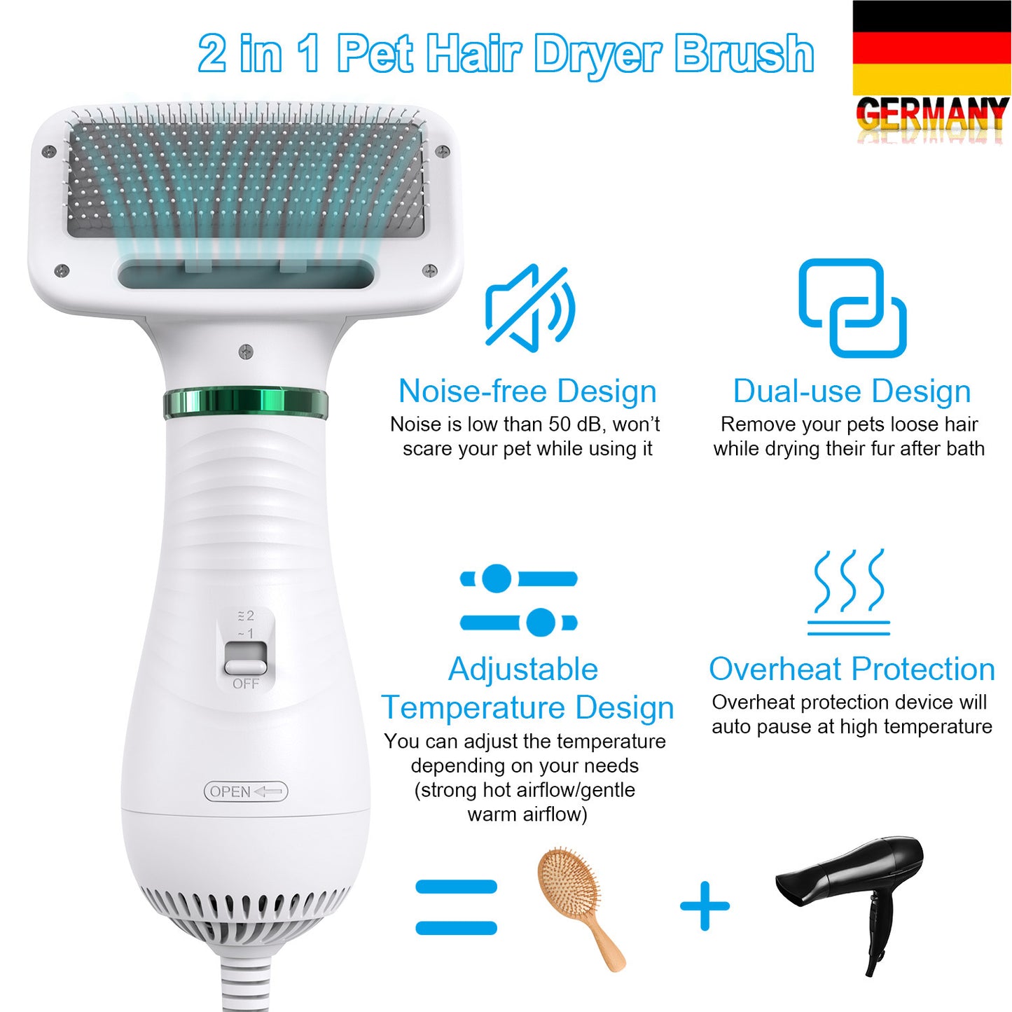 2-in-1 Portable Dog Hair Dryer & Brush - Low Noise Pet Grooming Blower