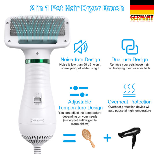 2-in-1 Portable Dog Hair Dryer & Brush - Low Noise Pet Grooming Blower