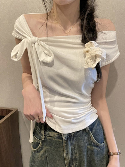 Women's Off Shoulder Strap Short Top – Slim Fit One-Word Collar Rayon Blouse