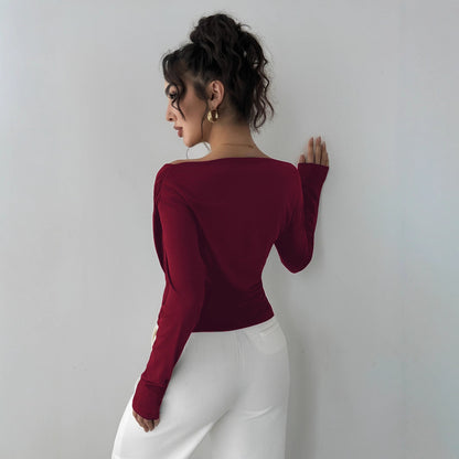Zarusky Off Shoulder Slanted Collar Shirt – Slim Fit Long Sleeve Top