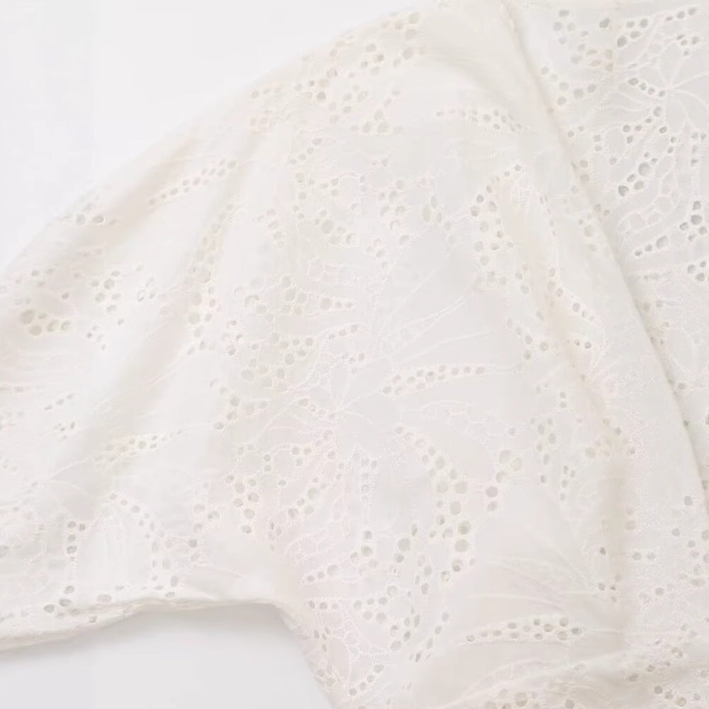 Women's Bow & Hollow Embroidery A-Line Midi Dress | White