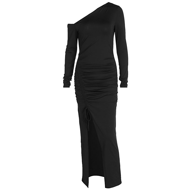 Women's Off Shoulder Asymmetric Neck Long Sleeve Maxi Dress – Straight Silhouette Milk Silk
