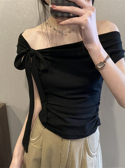 Women's Off Shoulder Strap Short Top – Slim Fit One-Word Collar Rayon Blouse