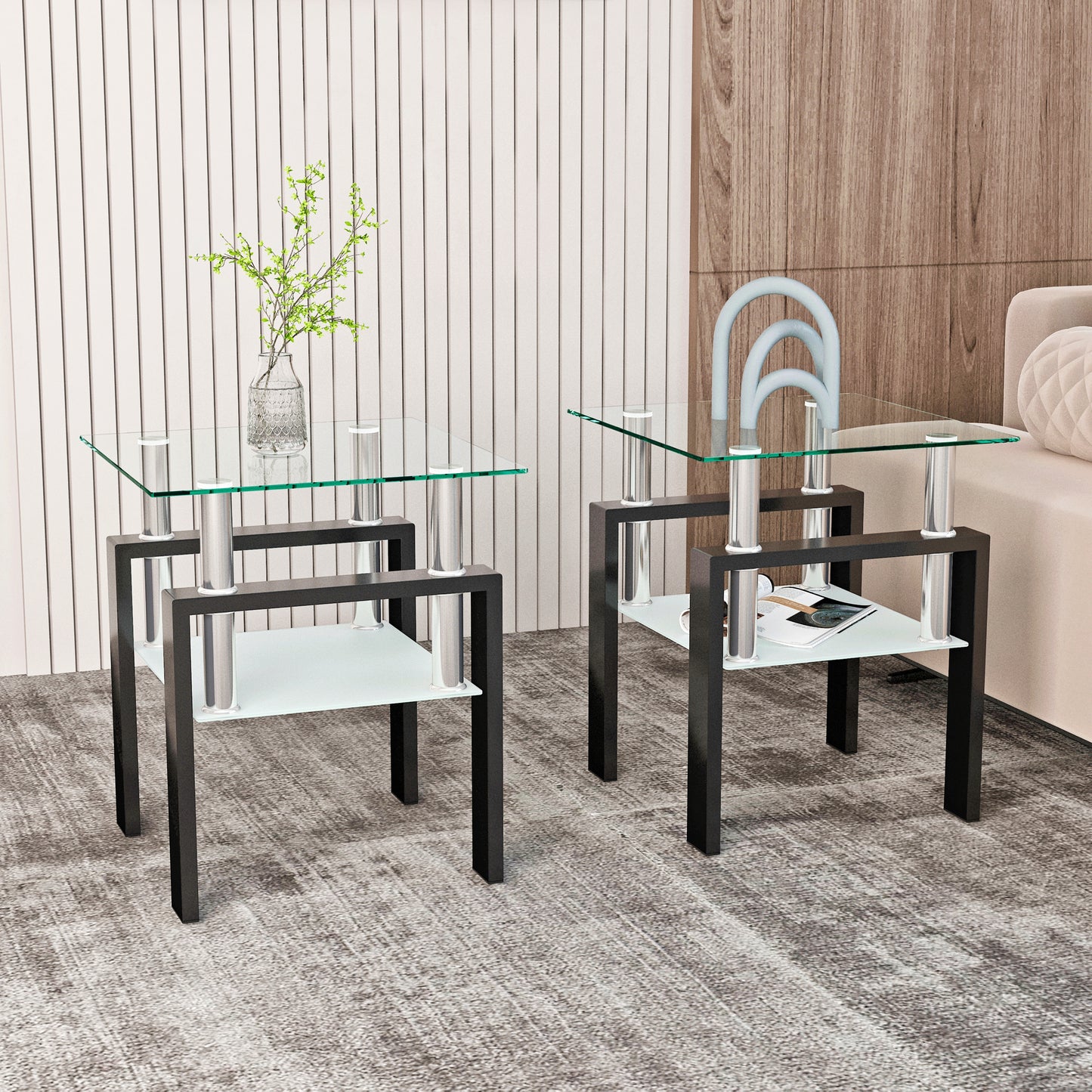 Set of 2 modern square tables made with tempered glass. Sleek, durable, and stylish—perfect as tea tables, coffee tables, or end tables for living rooms.