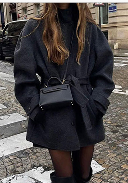 Women’s Belted Half-Turtleneck Wool Coat – Solid Color Elegant Outerwear | Timeless Luxury Design