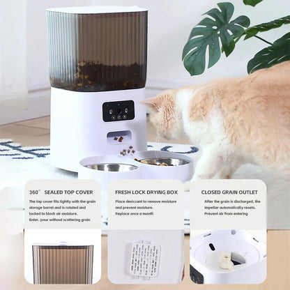 Smart automatic pet feeder with camera, 5L large capacity, and double bowls. App-controlled video feeding with voice recording—perfect for cats and dogs.