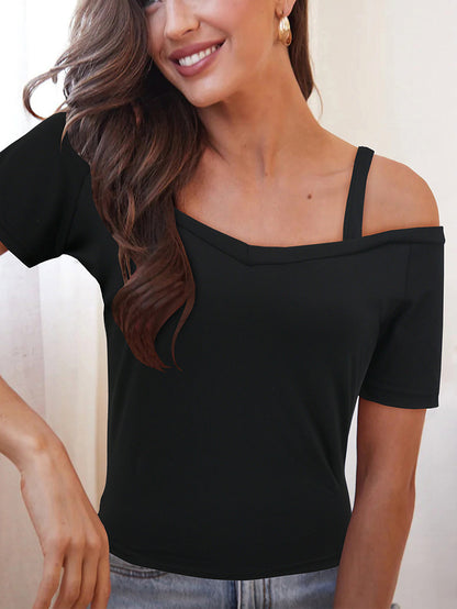 Zarusky Off-Shoulder Short Sleeve T-Shirt – Elegant One-Shoulder Top