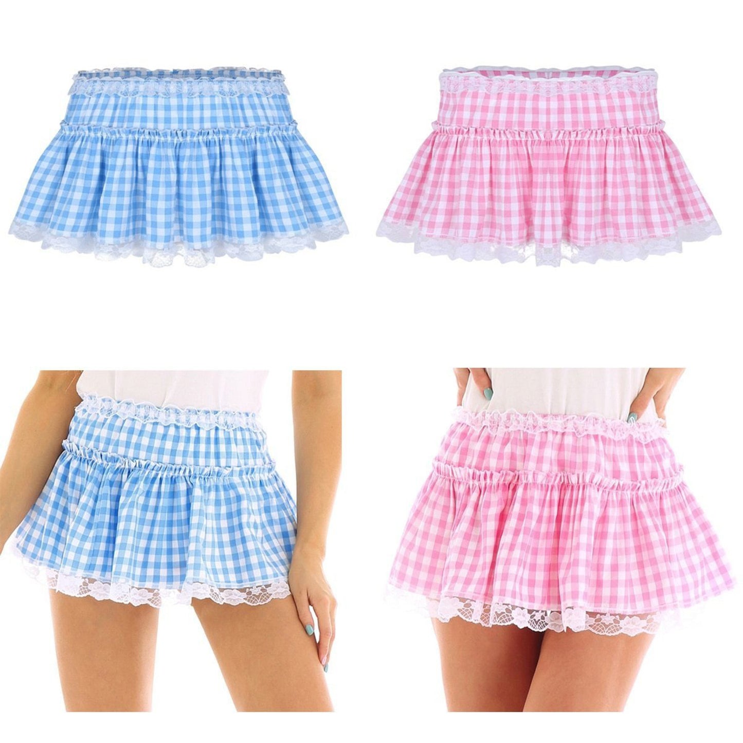 Grid Pattern Lace Trim Mini Skirt - Slim Fit Party Skirt