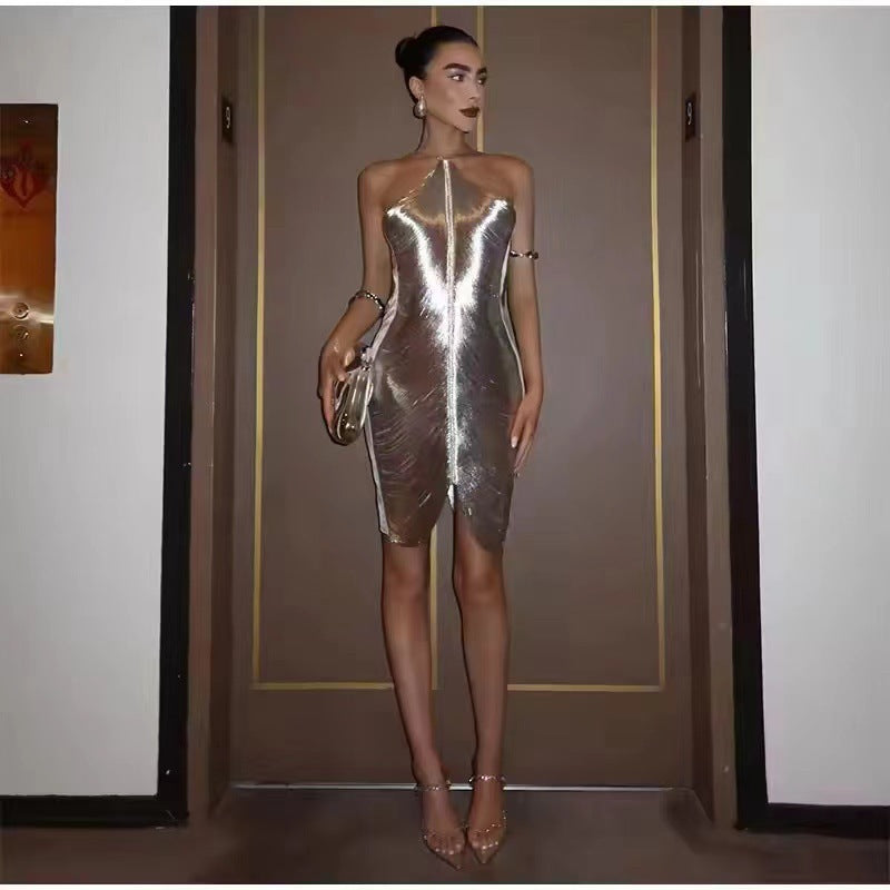 Shiny Metallic Halter Slim Mini Dress - Sleeveless Backless Bodycon Party Dress