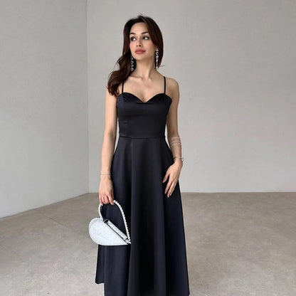 Sexy Slim Fit Satin Camisole Pleated Skirt - Black V-Neck Sleeveless Long Dress