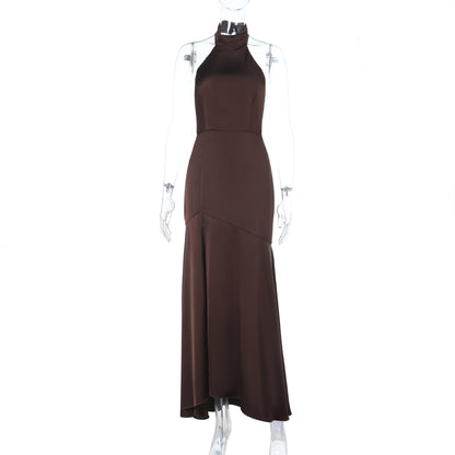 Satin Slit Solid Color Evening Gown - Brown One-Shoulder Buttocks Wrapped Long Skirt