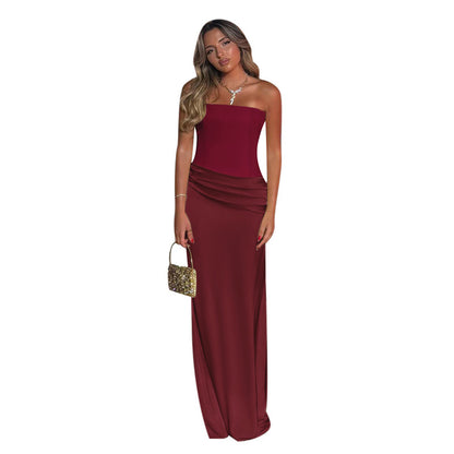 Satin Spicy Girl Sexy Slim Fit Long Skirt - Burgundy One Shoulder Maxi Dress