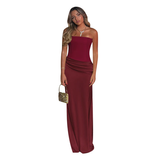 Satin Spicy Girl Sexy Slim Fit Long Skirt - Burgundy One Shoulder Maxi Dress