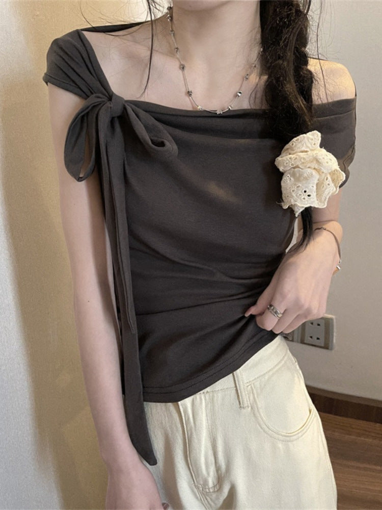 Women's Off Shoulder Strap Short Top – Slim Fit One-Word Collar Rayon Blouse