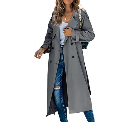 Luxury Wool-Blend Trench Coat for Women – Autumn/Winter Double-Breasted Long Coat with Notch Lapel, Straight Fit Elegant Casual Outerwear