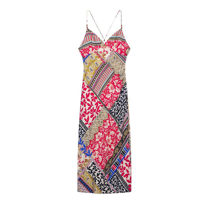 Women's Printed Backless V-Neck Camisole Maxi Dress