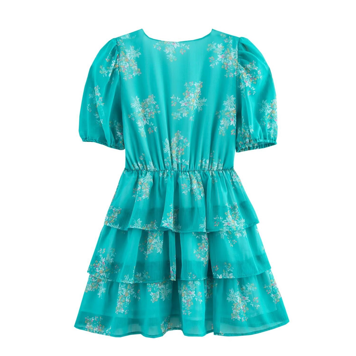 Zarusky Women's Blue Bubble Sleeve Mini Dress – V-Neck Layered Flirty Short Dress