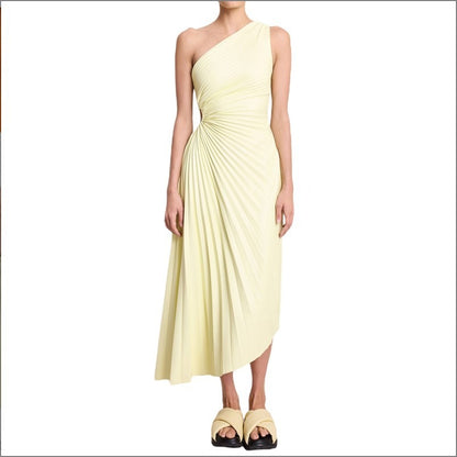 Single Shoulder Diagonal Neckline Pleated Hollow Out Satin Dress - Long Skirt