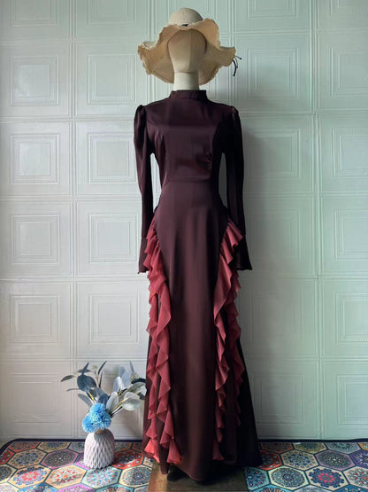 Women's Half High Neck Satin Chiffon Court Tie-Up Maxi Dress – Elegant Long Sleeve Gown