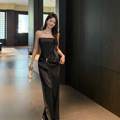 Satin Black Strapless Fishbone Design Hip Hugging Long Skirt - One Shoulder Midi Dress