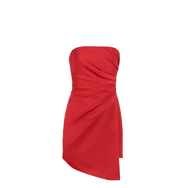 Sexy Bodycon Satin Strapless Bodysuit Short Skirt - Sleeveless Mini Dress