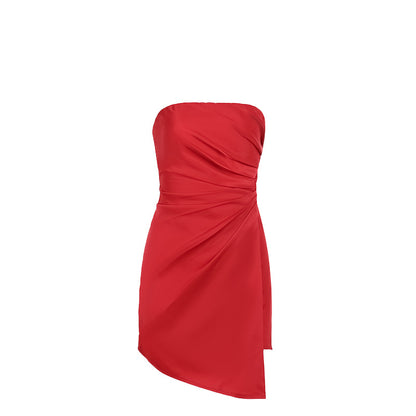 Sexy Bodycon Satin Strapless Bodysuit Short Skirt - Sleeveless Mini Dress