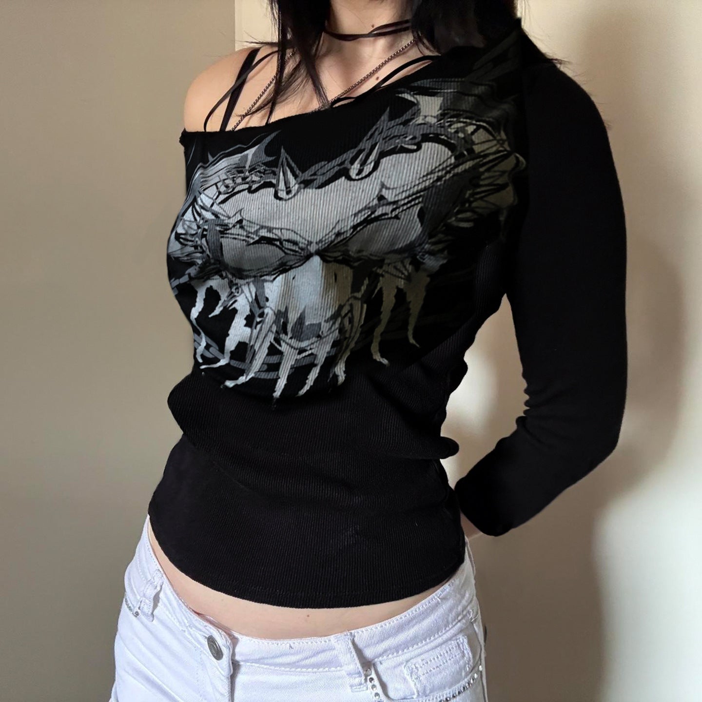 Women's Off Shoulder Oblique Collar Long Sleeve Shirt – Subculture Print Polyester Top