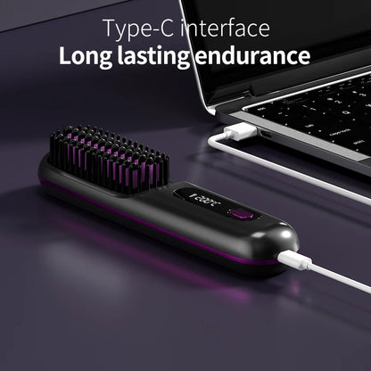 Cordless hair straightener comb with digital adjustable temperature. Safe, easy to use, and perfect for smooth styling at home or while traveling.