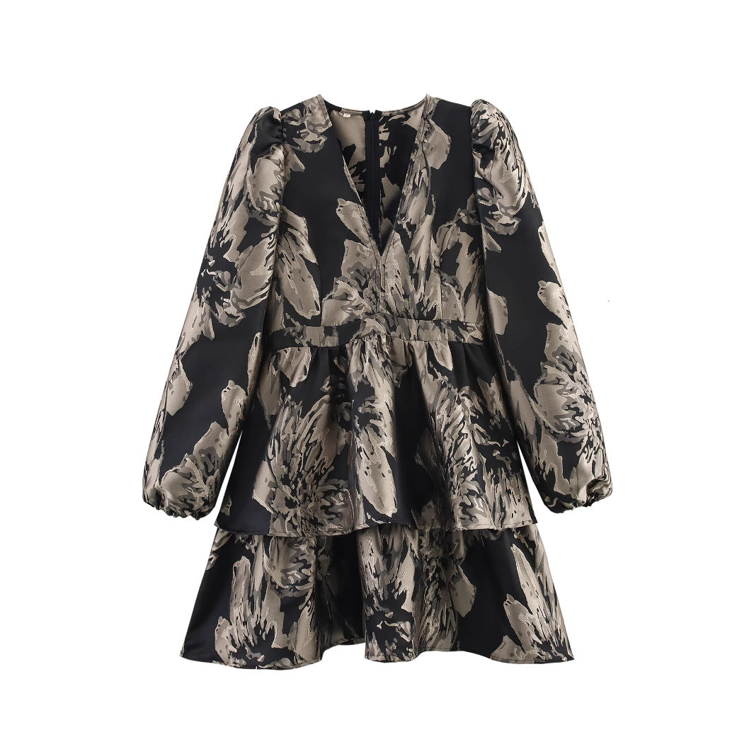 Women's Jacquard Layered Hem Long Sleeve Mini Dress | Gray
