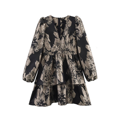 Women's Jacquard Layered Hem Long Sleeve Mini Dress | Gray