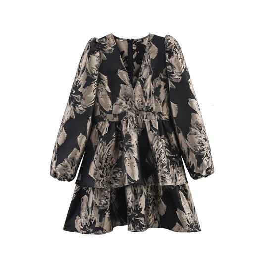 Women's Jacquard Layered Hem Long Sleeve Mini Dress | Gray
