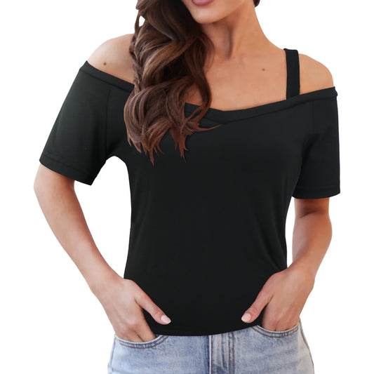 Zarusky Off-Shoulder Short Sleeve T-Shirt – Elegant One-Shoulder Top