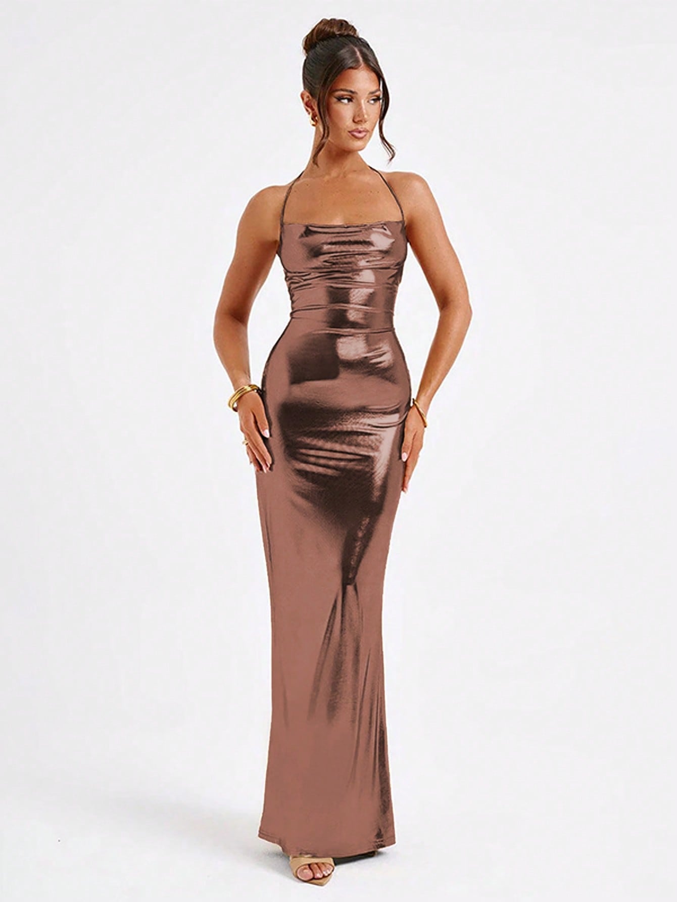 Elegant Solid Color Halter Neckline Chest Cutout Shiny Metallic Backless Dress