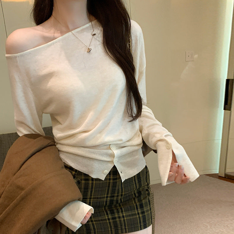 Women's Off Shoulder Asymmetric Neck Loose Knit Top – Long Sleeve Button Casual Blouse