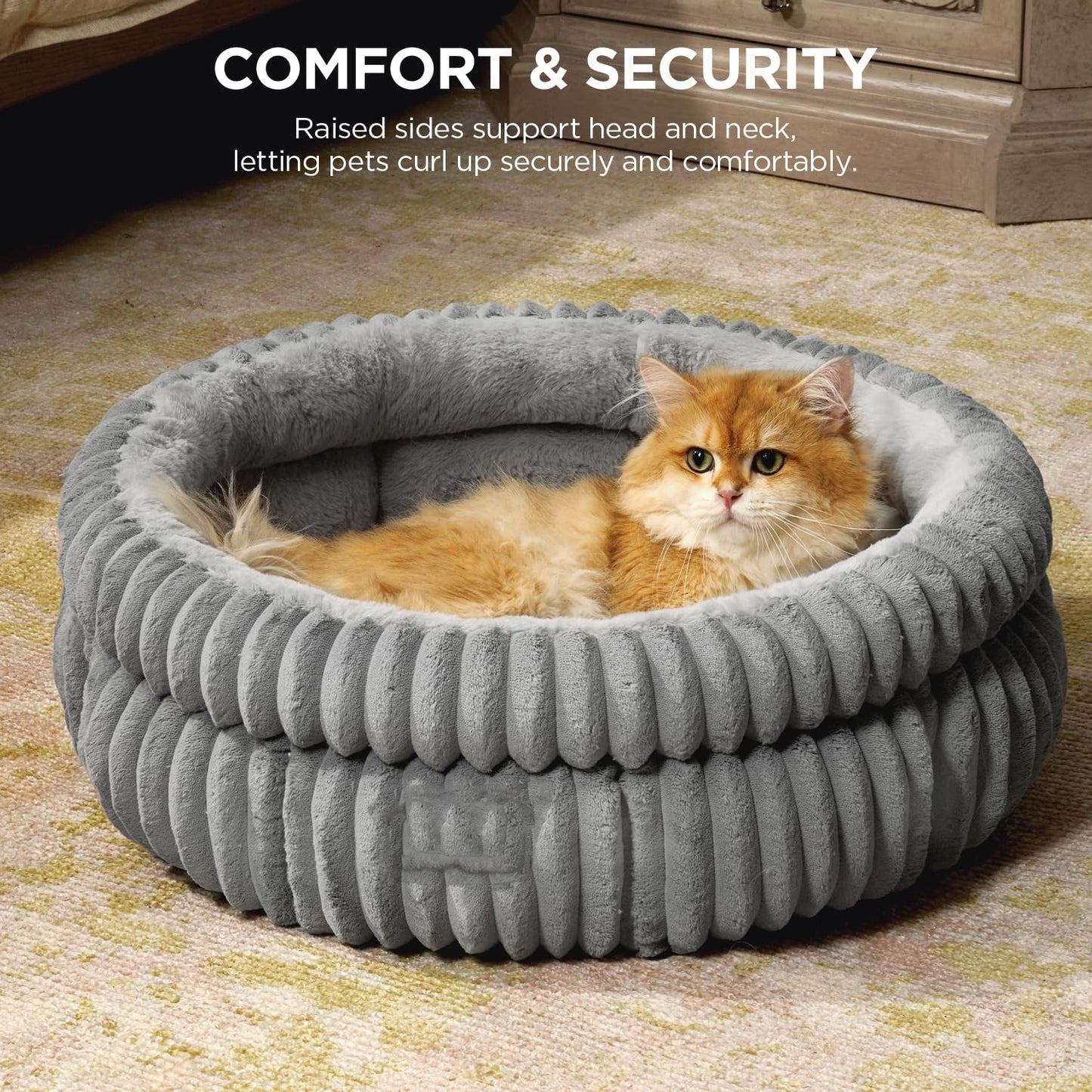 Ultra-soft rabbit fur round pet bed with thick padding. Warm, cozy, and stylish—perfect for small dogs and cats who love comfort and security.