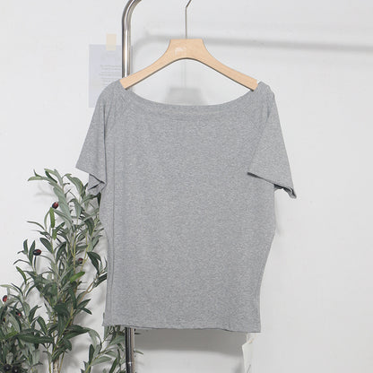 Zarusky Women's Off Shoulder Slanted Collar Loose Fit Blouse – Short Sleeve Cotton Top