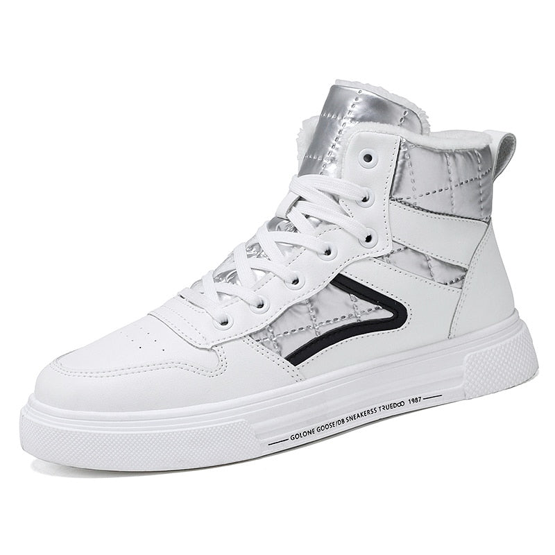 Winter Men Shoes High-Top Walking Shoes - White Cotton Casual Canvas Height Increasing Shoes