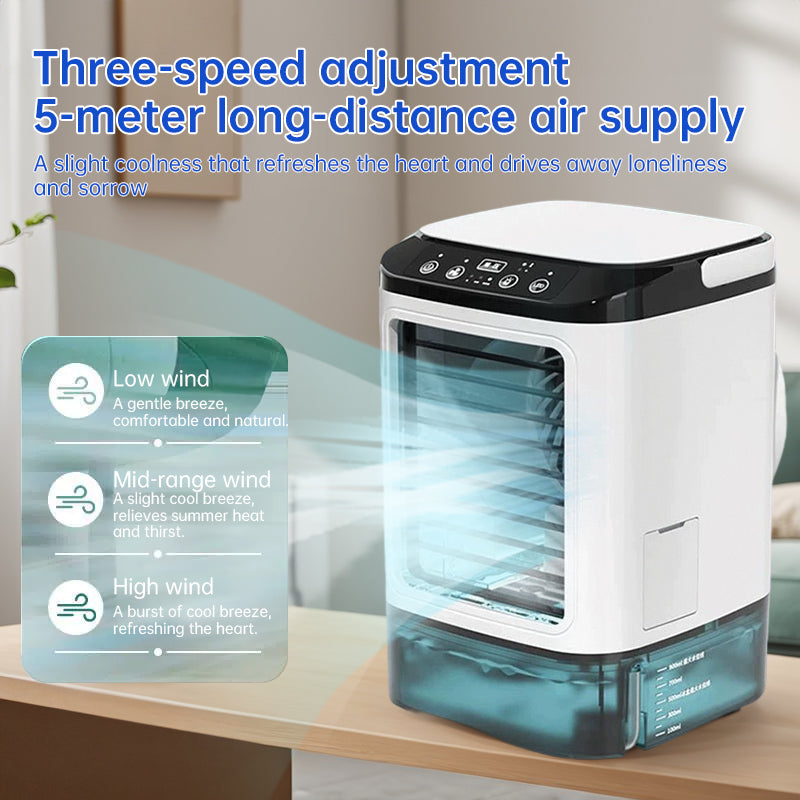 Compact 3-speed mini air cooler with 900ML water tank. Fan + humidifier combo delivers refreshing airflow—perfect for bedrooms, offices, and desks.