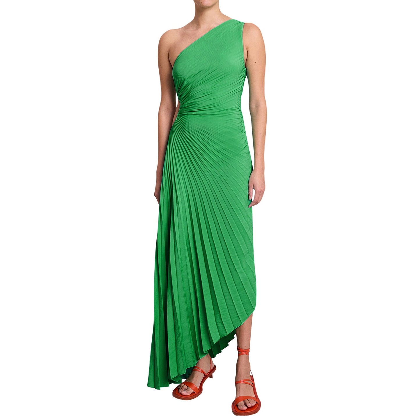 Single Shoulder Diagonal Neckline Pleated Hollow Out Satin Dress - Long Skirt