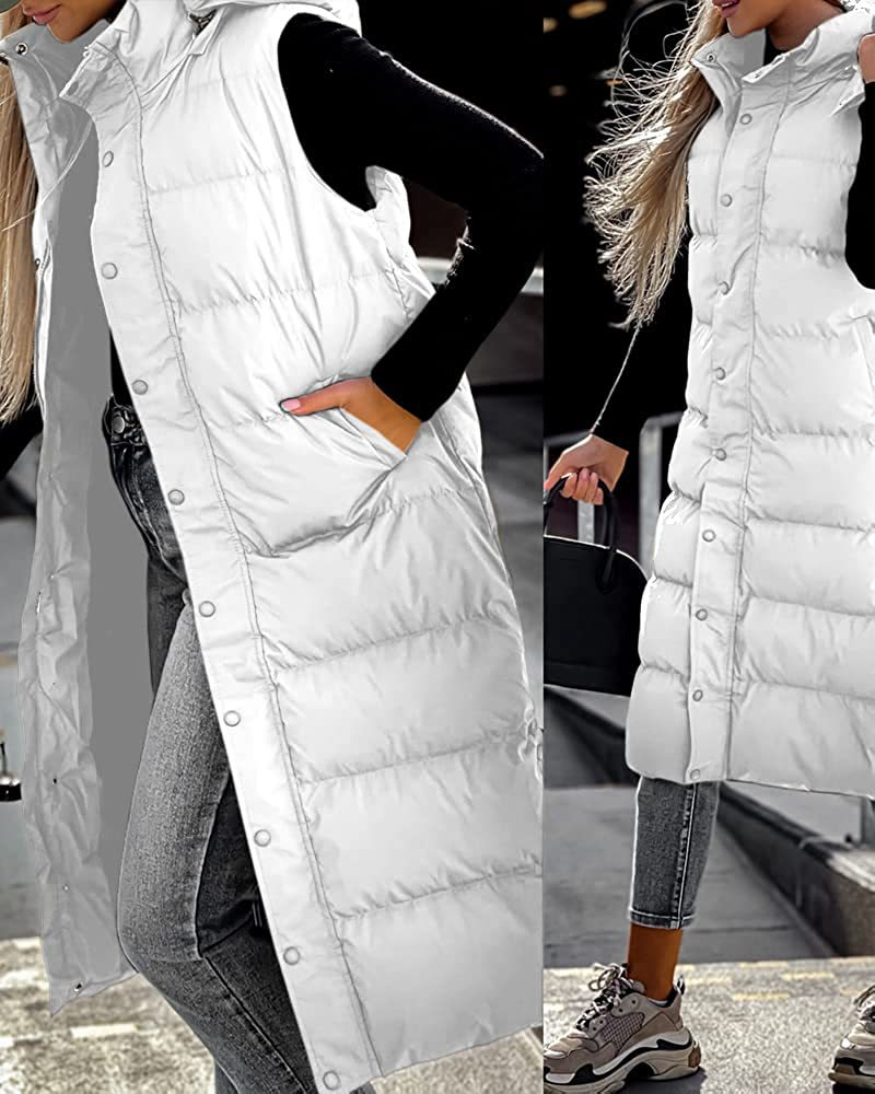 Women’s Fashionable Long Sleeveless Hooded Coat – Zipper & Single-Breasted Design | Solid Color Casual Luxury Outerwear