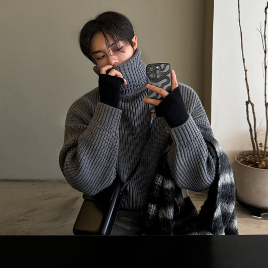 Men’s Mature Style High-Neck Knit Pullover Sweater – Thick Warm Winter Base Layer for Commuter & Everyday Wear