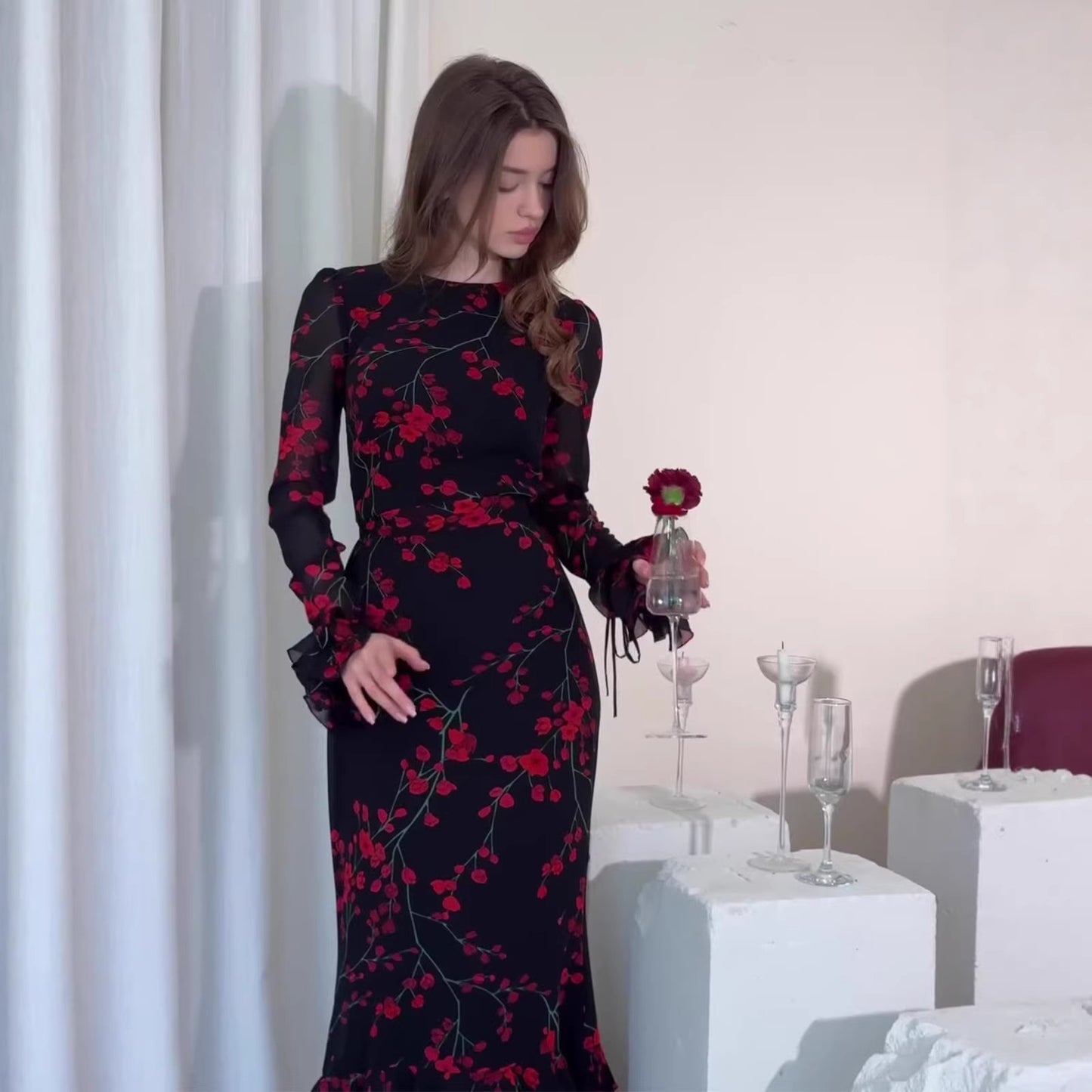 Women's Chinese Style Floral Hooded Long Sleeve Fairy Maxi Dress – Plum Red